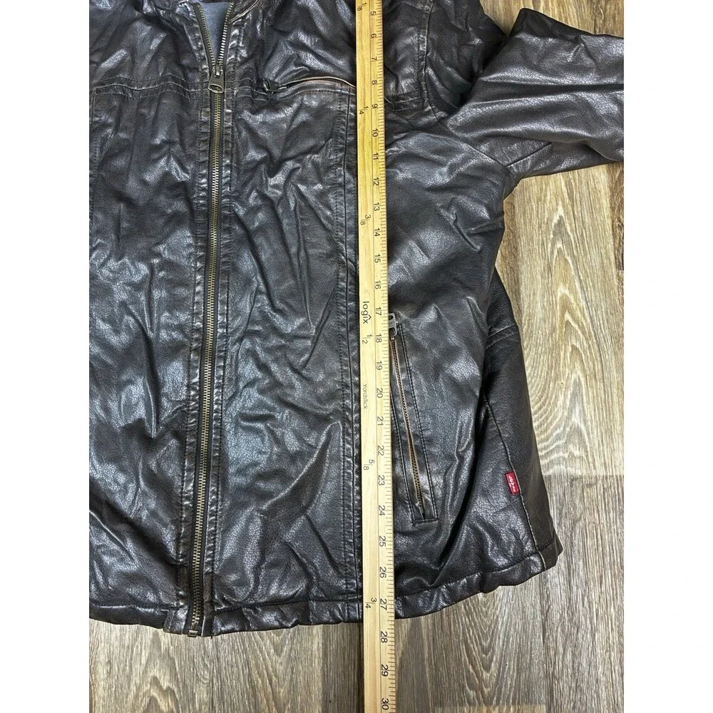 Levis Leather Jacket Mens Size XL Black Solid Hooded Full Zip Collared Polyester